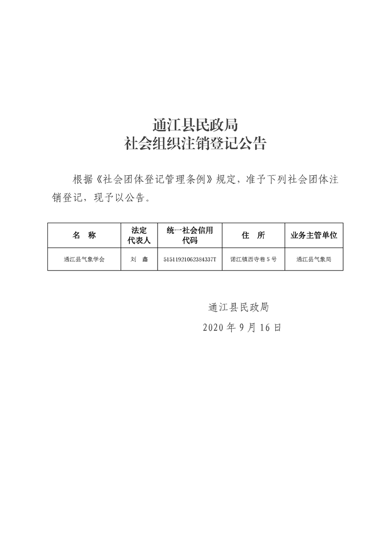 通江县民政局社会组织注销登记公告